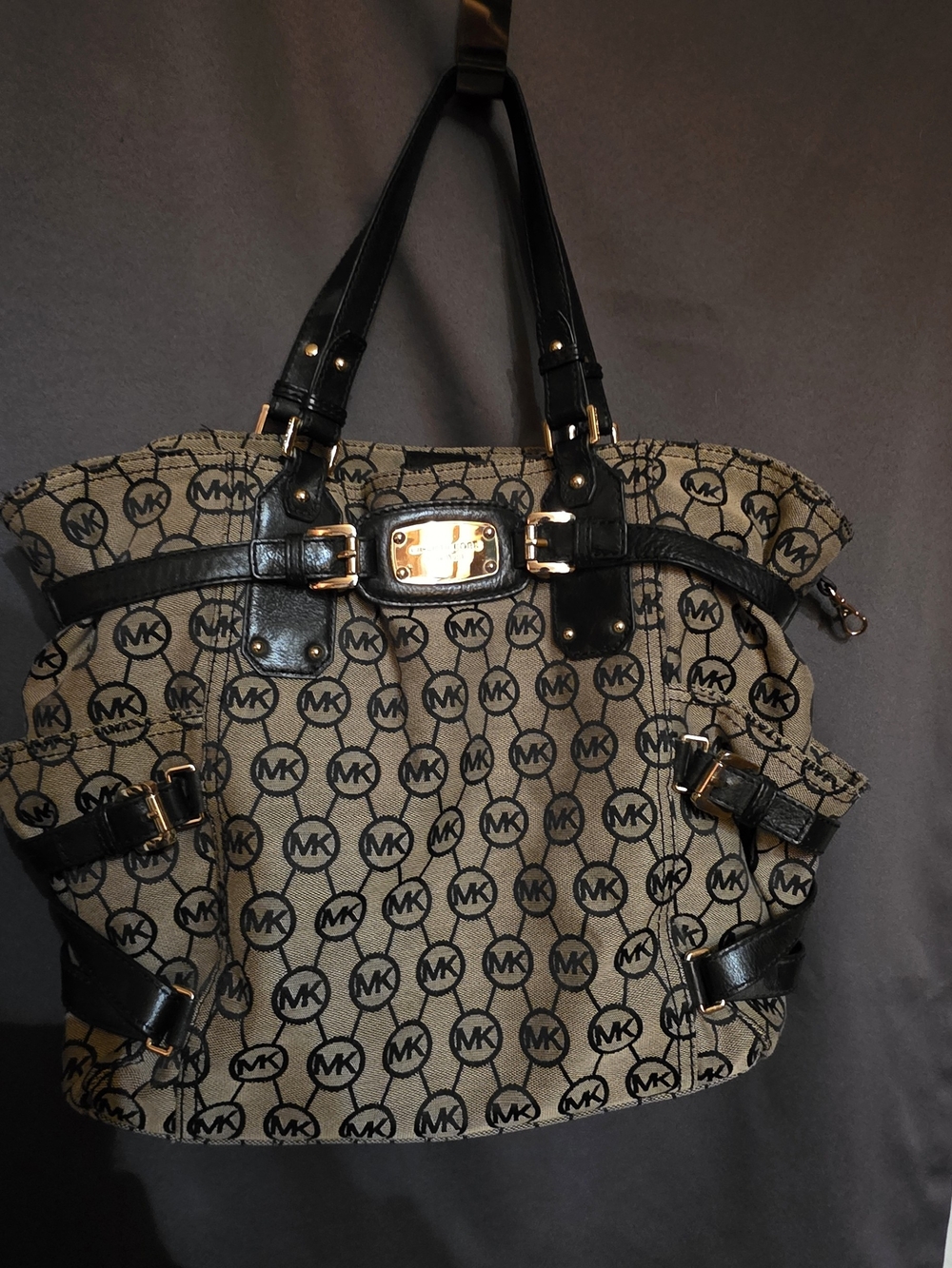 Michael Kors Signature MK Monogram Jacquard Tote Shoulder Bag Black Tan